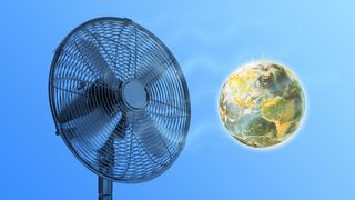 Illustration of a fan blowing on the Earth to cool it down.